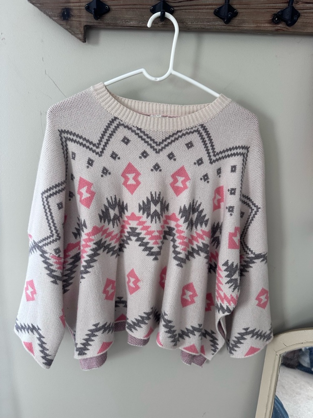 Women's Cream Crewneck Sweater with Pink & Gray Aztec Motif
